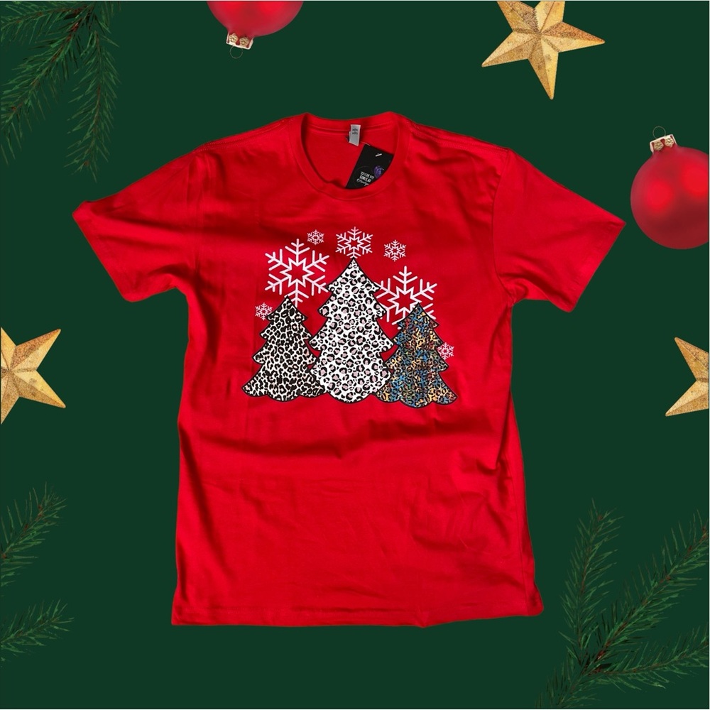 Red Christmas Tree Tee Shirt With Leopard Trees